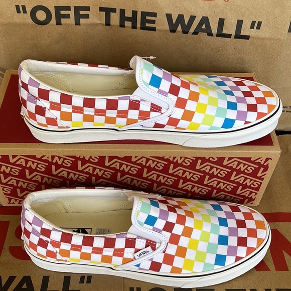 Vans Classic Slip On Checkerboard Rainbow/True White sneakers WMNS - Picture 3 of 16
